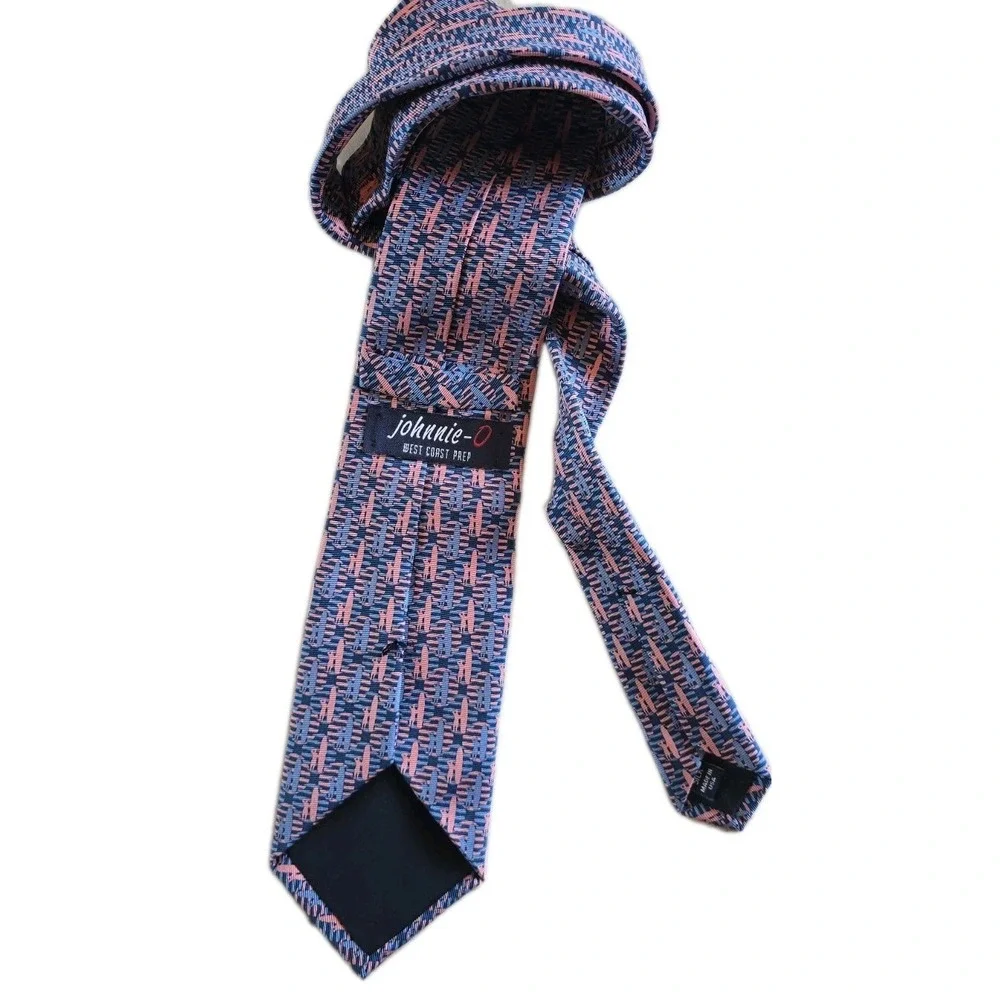 Johnnie-O Men's Tie West Coast Prep Pink Blue Surfer‎ Board  Logo 100% Silk